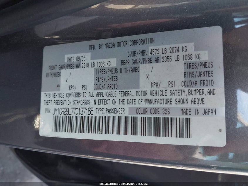 2007 Mazda Mazda5 Touring VIN: JM1CR29L770137166 Lot: 44504069