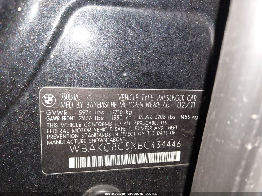 2011 BMW 750Li xDrive VIN: WBAKC8C5XBC434446 Lot: 44504090