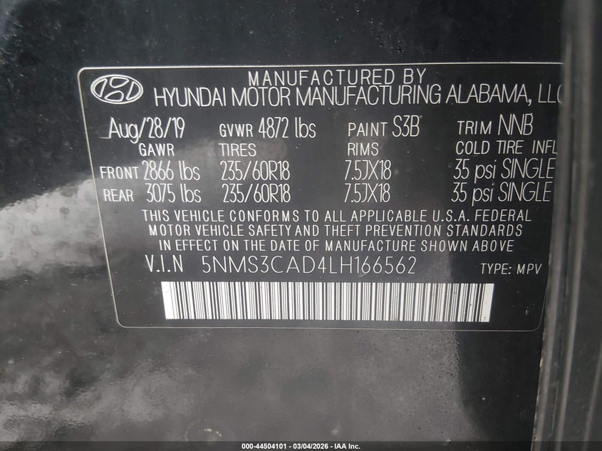 2020 Hyundai Santa Fe Sel VIN: 5NMS3CAD4LH166562 Lot: 44504101