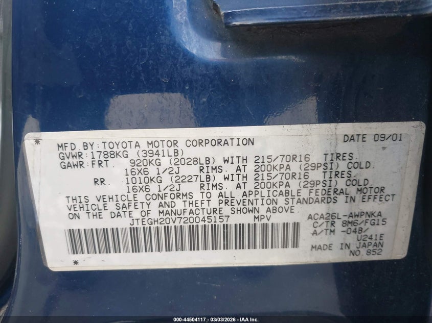 2002 Toyota Rav4 VIN: JTEGH20V720045157 Lot: 44504117