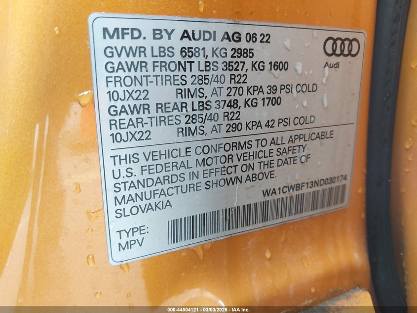 2022 Audi Sq8 Prestige Tfsi Quattro Tiptronic VIN: WA1CWBF13ND030174 Lot: 44504121