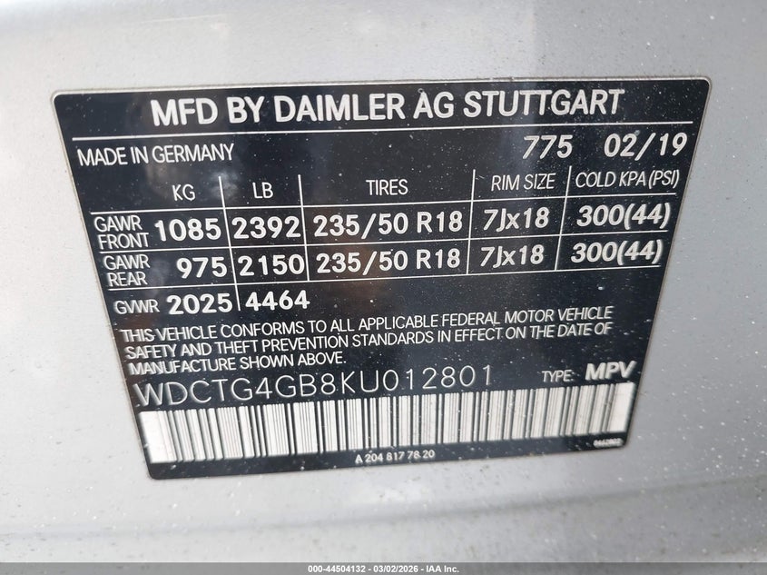 2019 Mercedes-Benz Gla 250 4Matic VIN: WDCTG4GB8KU012801 Lot: 44504132