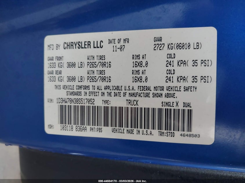 2008 Dodge Dakota Trx VIN: 1D3HW78N38S517052 Lot: 44504170