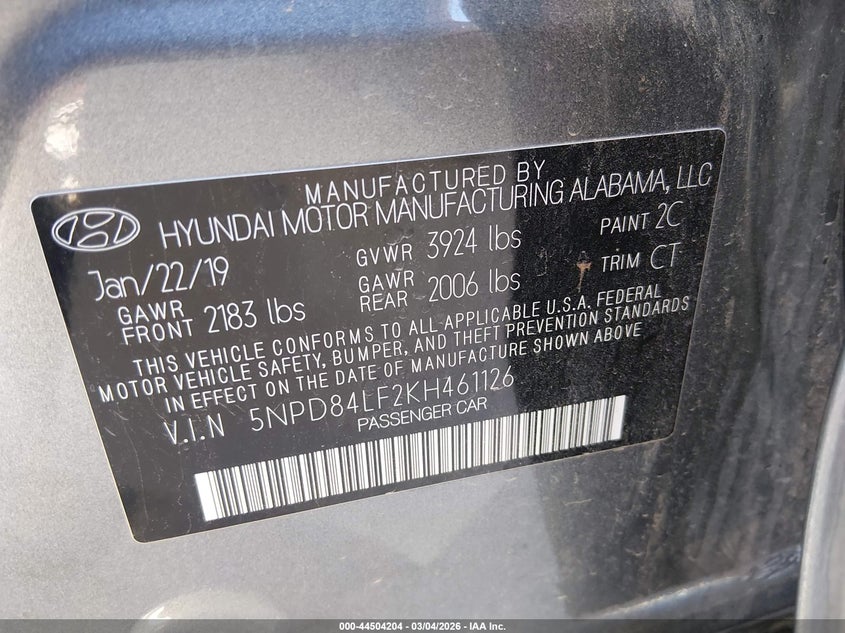 VIN 5NPD84LF2KH461126 2019 HYUNDAI ELANTRA LIMITED