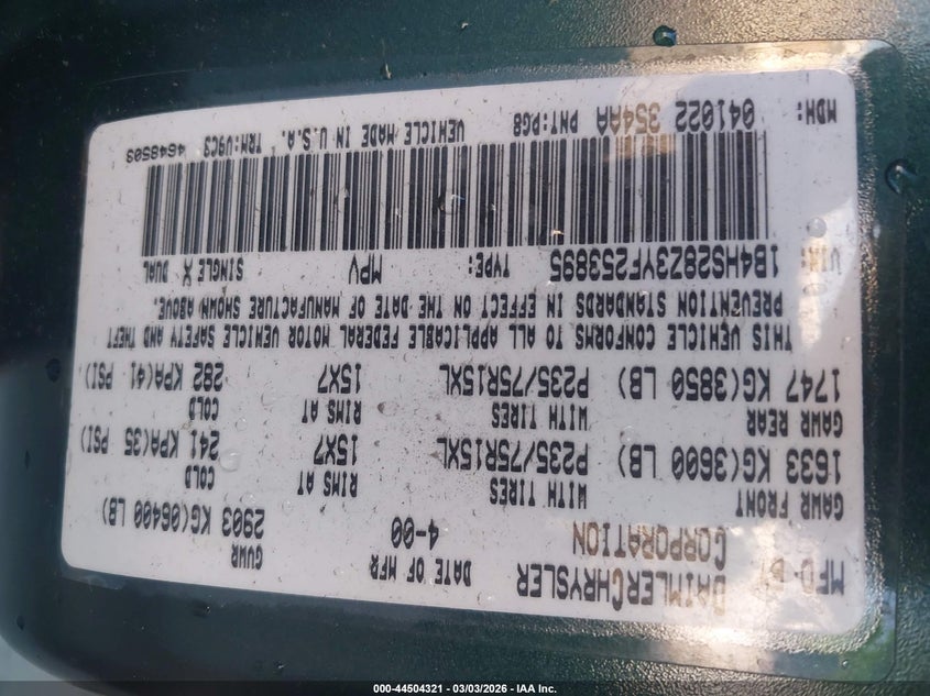 2000 Dodge Durango VIN: 1B4HS28Z3YF253895 Lot: 44504321