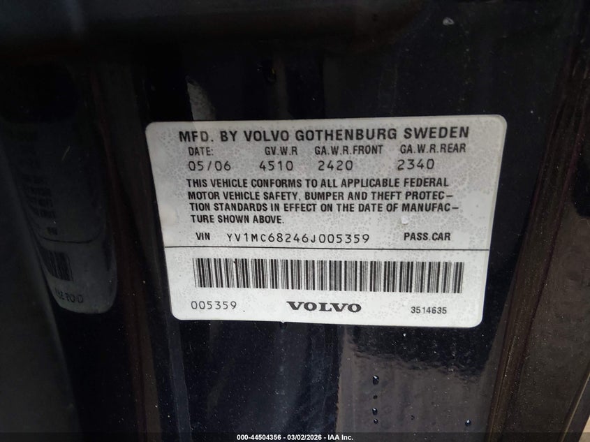 2006 Volvo C70 T5 VIN: YV1MC68246J005359 Lot: 44504356