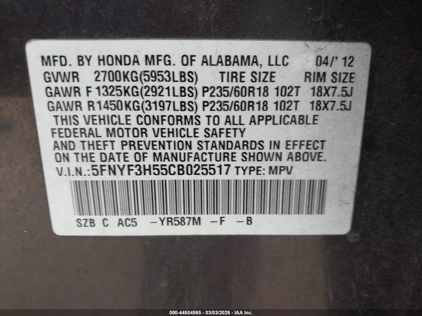 2012 Honda Pilot 3.5 Ex-L grey Lot 111044504565 Vin 5FNYF3H55CB025517