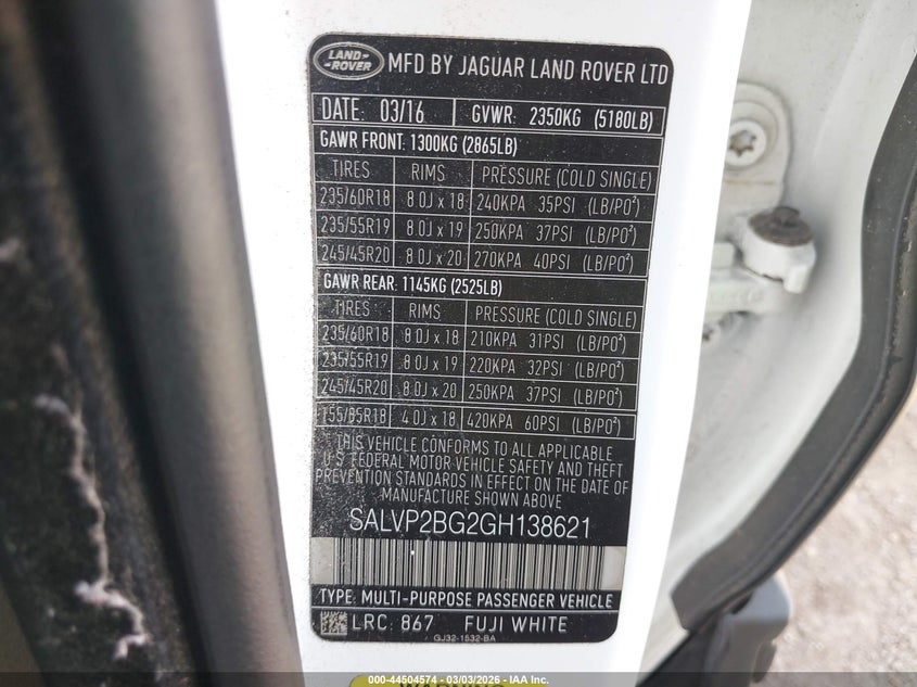 2016 Land Rover Range Rover Evoque Se/Se Premium VIN: SALVP2BG2GH138621 Lot: 44504574