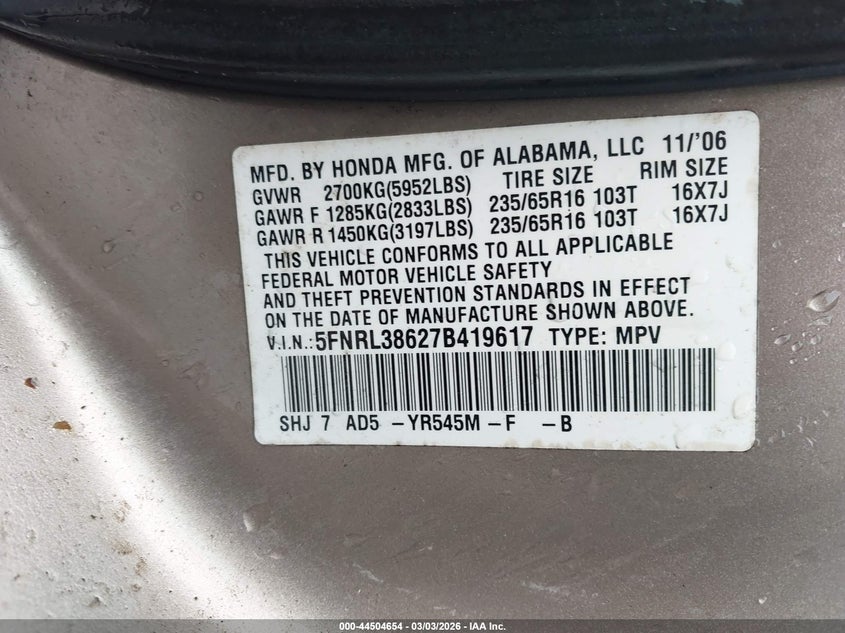 2007 Honda Odyssey Ex-L VIN: 5FNRL38627B419617 Lot: 44504654