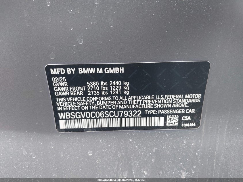 2025 BMW M8 Gran Coupe Competition VIN: WBSGV0C06SCU79322 Lot: 44504664