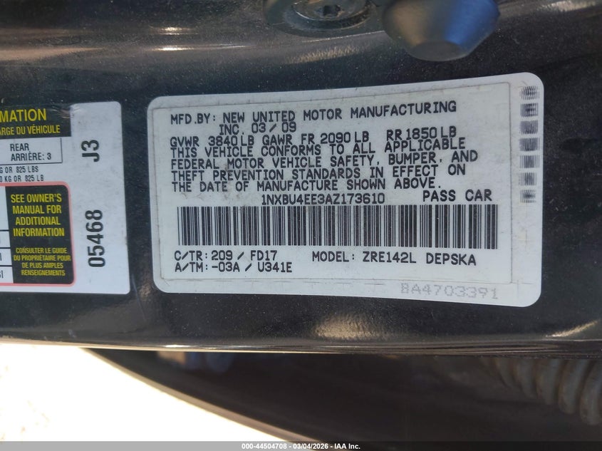 2010 Toyota Corolla S VIN: 1NXBU4EE3AZ173610 Lot: 44504708