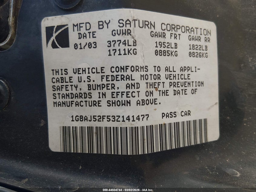 2003 Saturn Ion 2 VIN: 1G8AJ52F53Z141477 Lot: 44504744