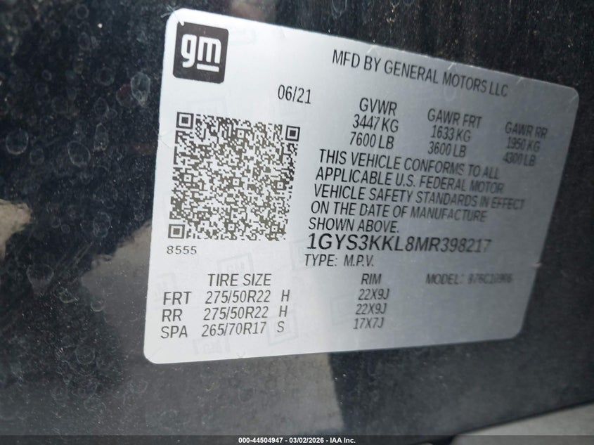 2021 Cadillac Escalade Esv 2Wd Premium Luxury VIN: 1GYS3KKL8MR398217 Lot: 44504947
