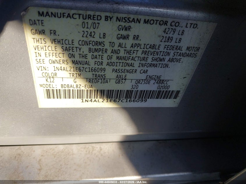 NISSAN ALTIMA 2007 VIN 1N4AL21E67C166099