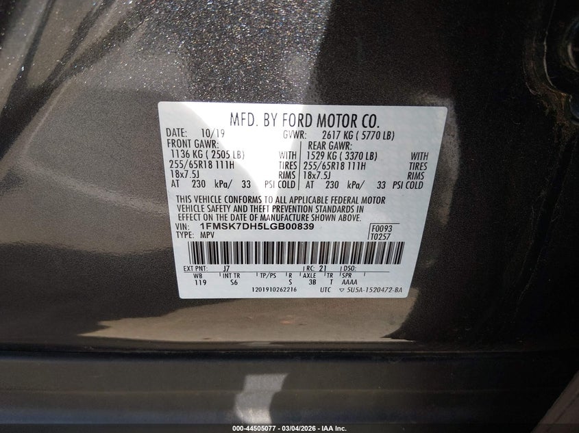 2020 Ford Explorer Xlt VIN: 1FMSK7DH5LGB00839 Lot: 44505077