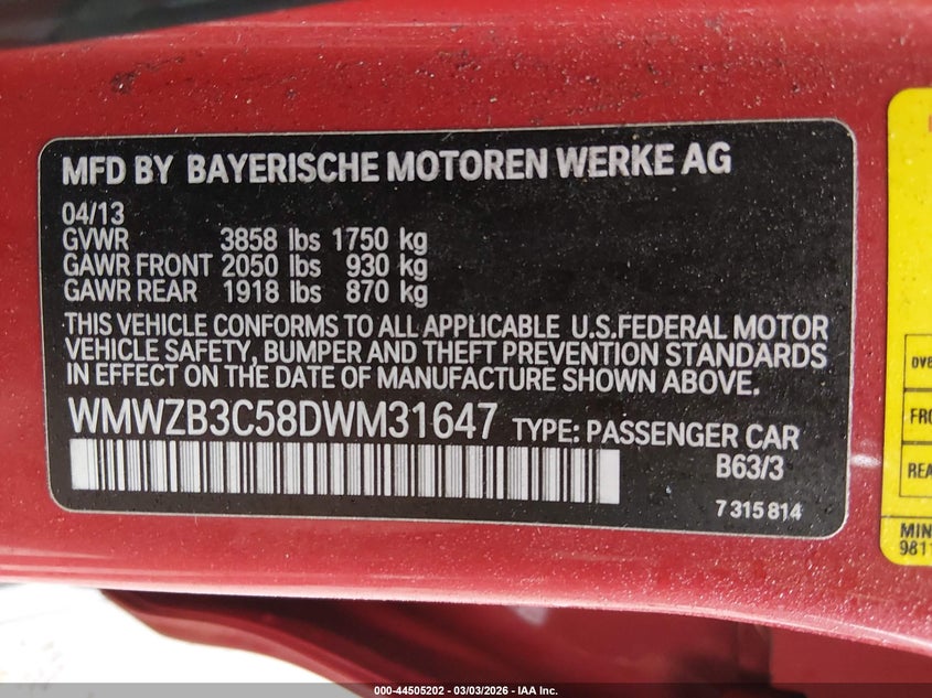 2013 Mini Countryman Cooper VIN: WMWZB3C58DWM31647 Lot: 44505202