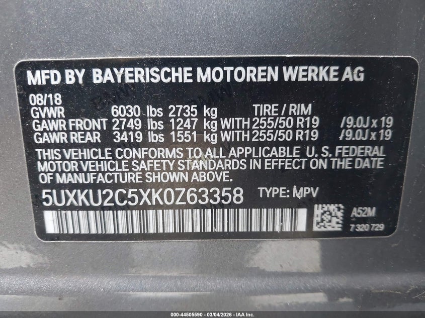 2019 BMW X6 xDrive35I VIN: 5UXKU2C5XK0Z63358 Lot: 44505590