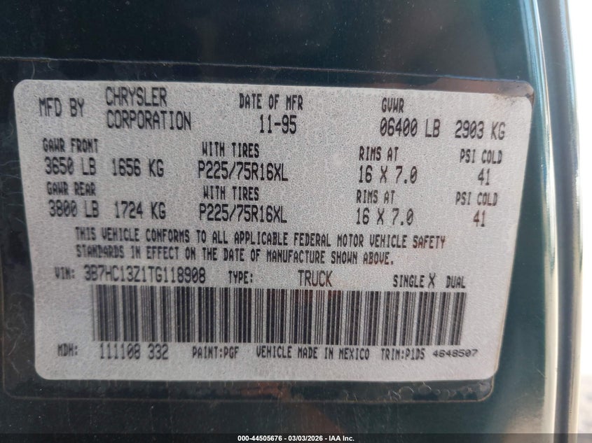 1996 Dodge Ram 1500 VIN: 3B7HC13Z1TG118908 Lot: 44505676