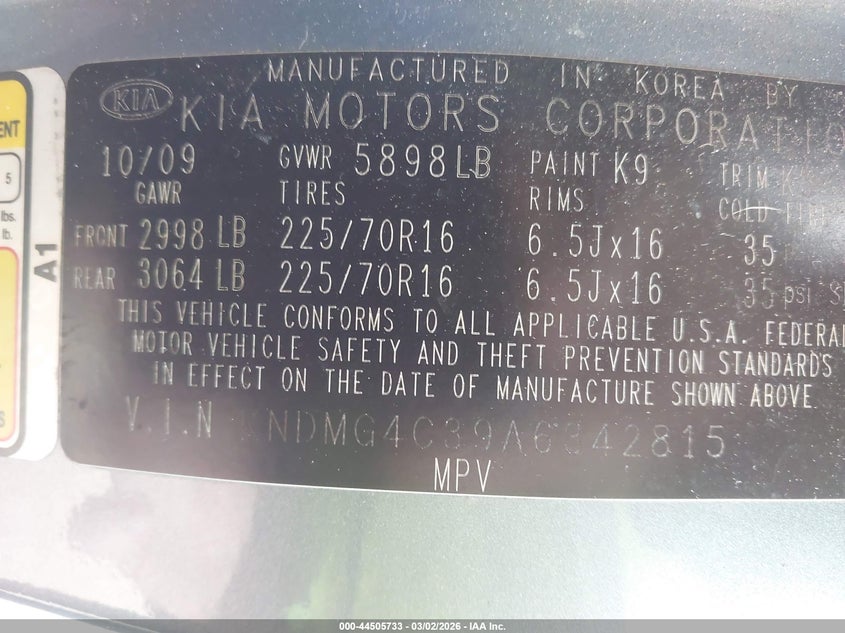 2010 Kia Sedona Lx VIN: KNDMG4C39A6342815 Lot: 44505733