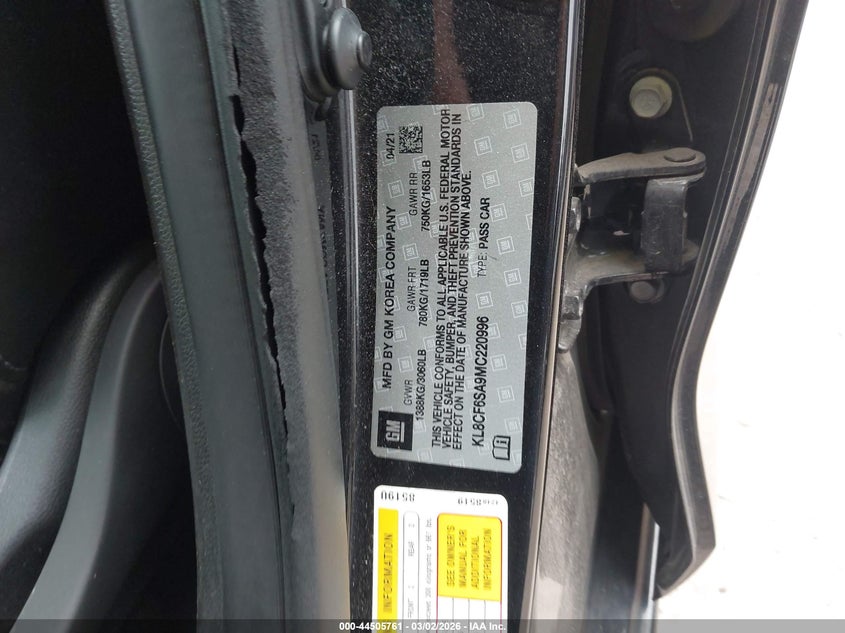 2021 Chevrolet Spark Fwd 2Lt Automatic VIN: KL8CF6SA9MC220996 Lot: 44505761