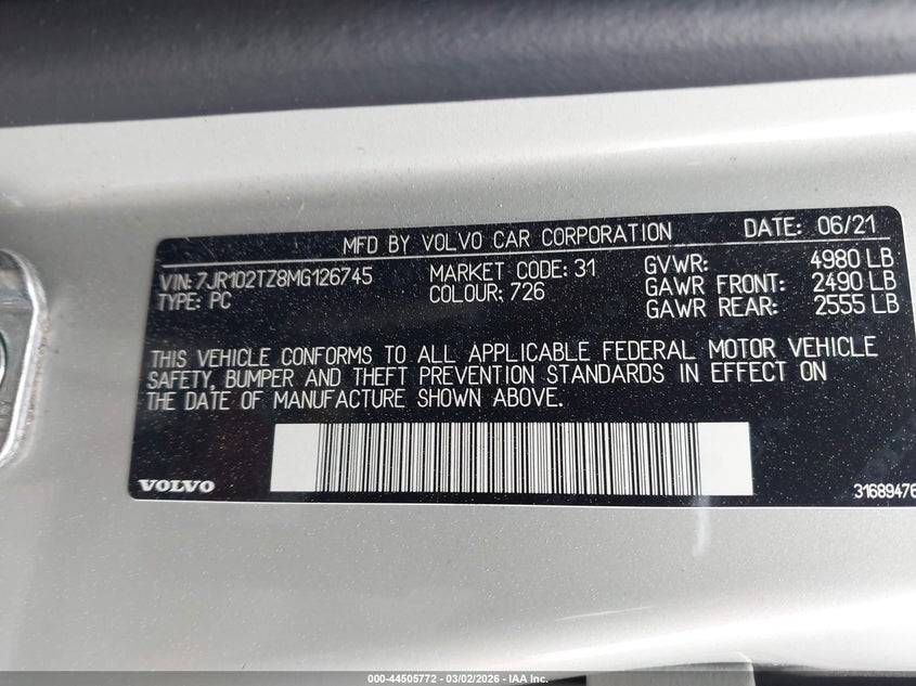 2021 Volvo S60 T5 Momentum VIN: 7JR102TZ8MG126745 Lot: 44505772