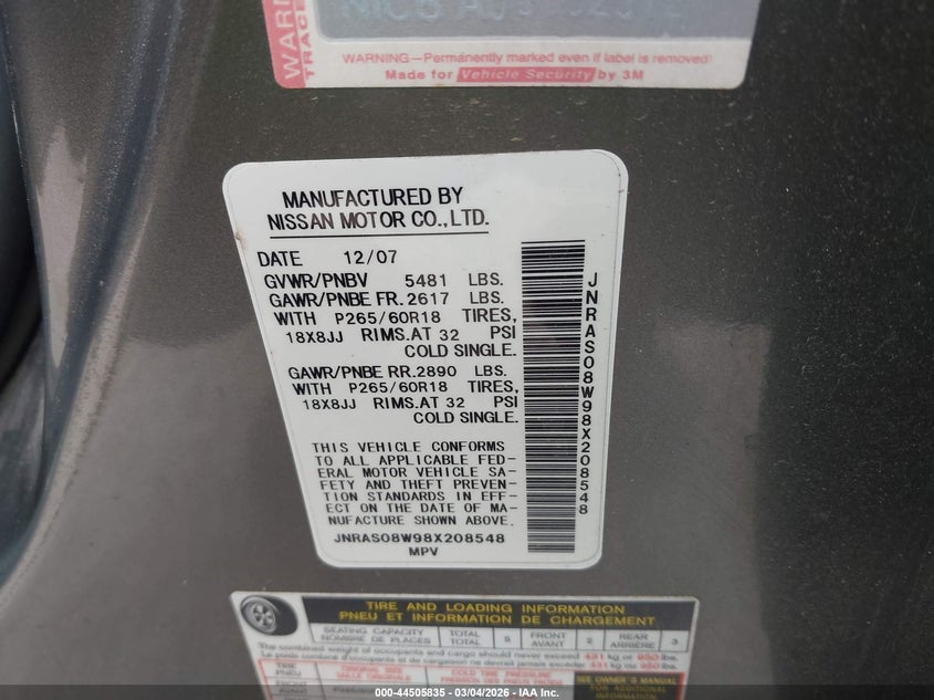 2008 Infiniti Fx35 VIN: JNRAS08W98X208548 Lot: 44505835