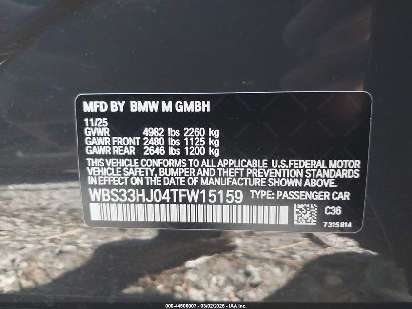 2026 BMW M3 Competition xDrive VIN: WBS33HJ04TFW15159 Lot: 44506007