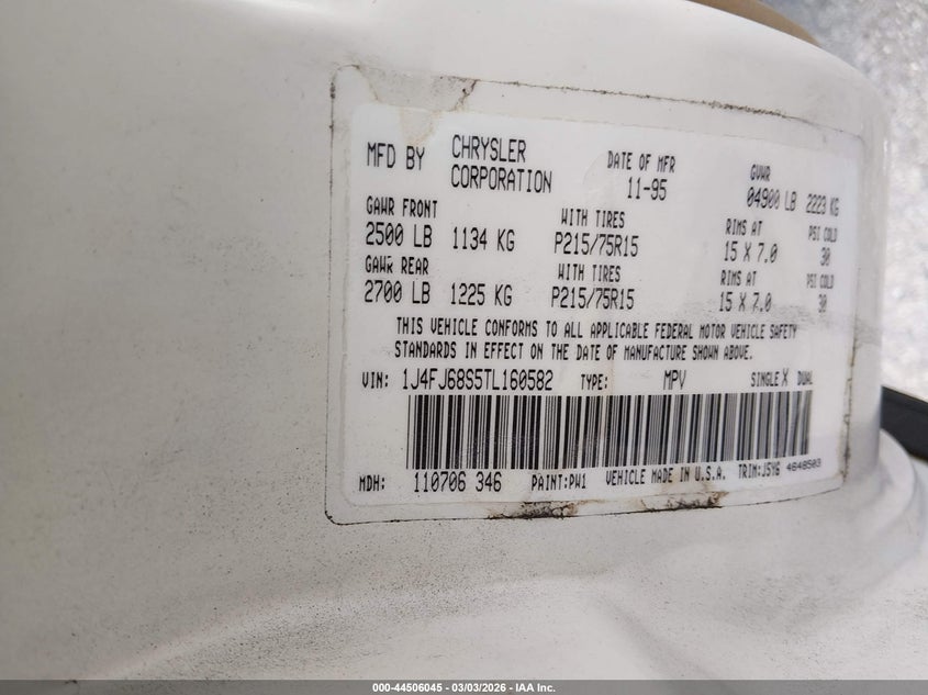 1996 Jeep Cherokee Sport/Classic VIN: 1J4FJ68S5TL160582 Lot: 44506045