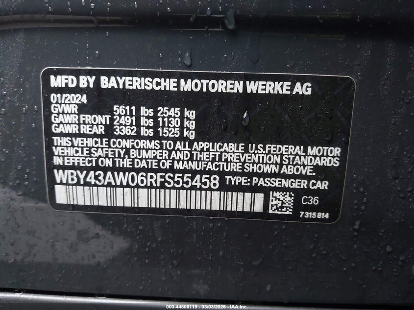 2024 BMW I4 Gran Coupe Edrive35 VIN: WBY43AW06RFS55458 Lot: 44506119