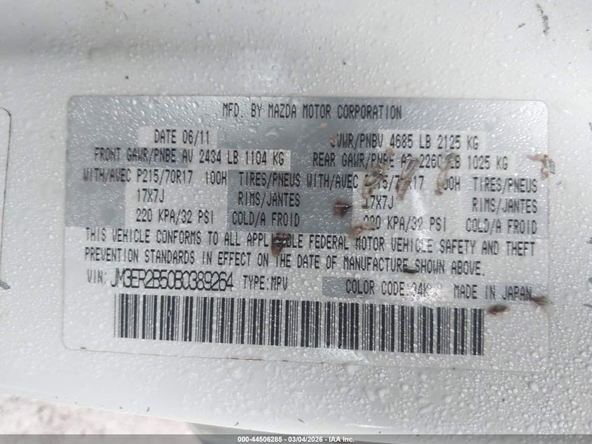 2011 Mazda Cx-7 I Sport VIN: JM3ER2B50B0389264 Lot: 44506285