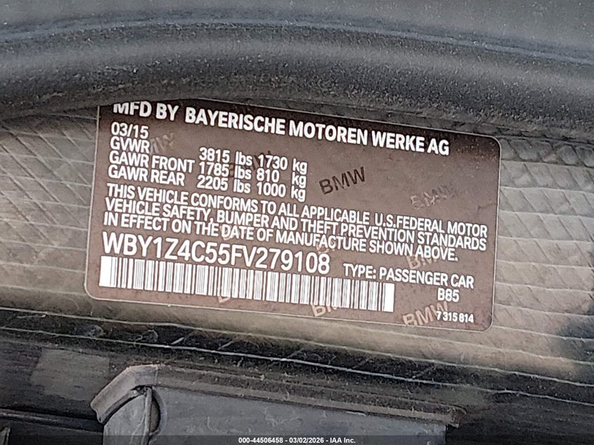 2015 BMW I3 Base W/Range Extender VIN: WBY1Z4C55FV279108 Lot: 44506458