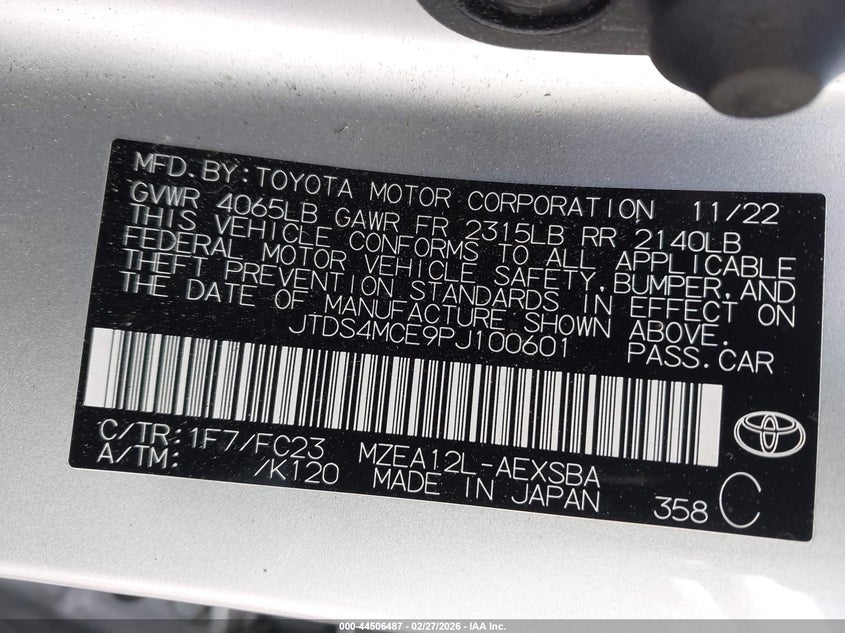 VIN JTDS4MCE9PJ100601 2023 TOYOTA COROLLA SE