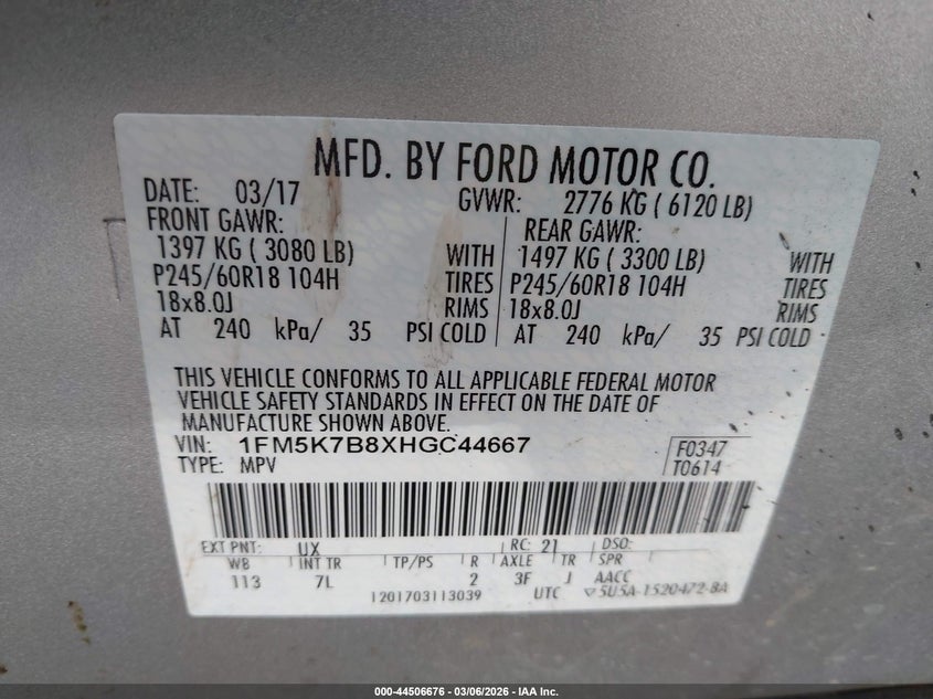 VIN 1FM5K7B8XHGC44667 2017 FORD EXPLORER