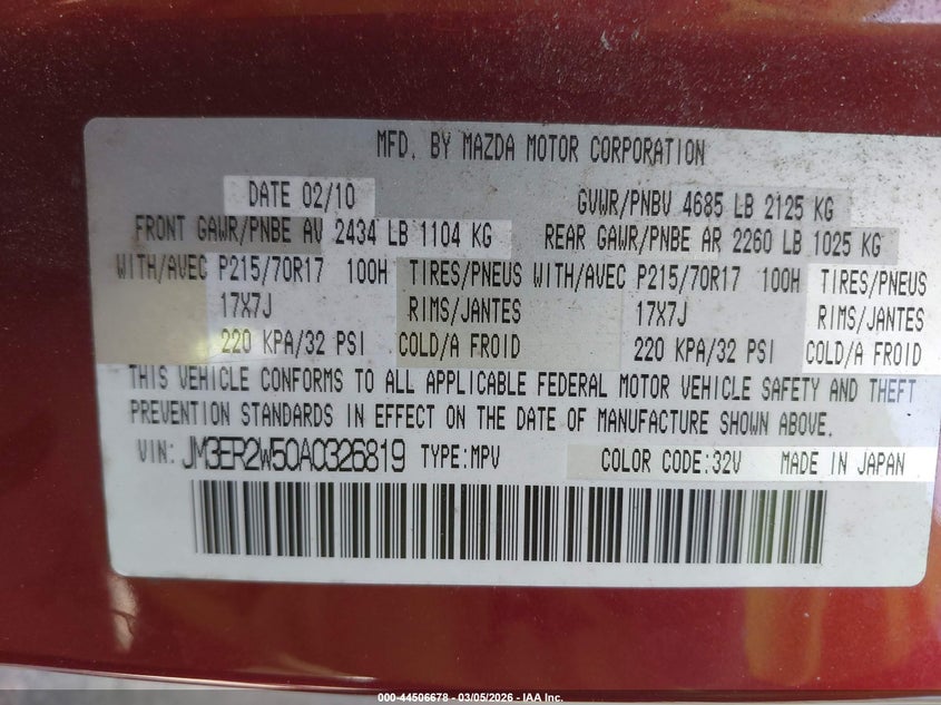 2010 Mazda Cx-7 I Sv VIN: JM3ER2W50A0326819 Lot: 44506678