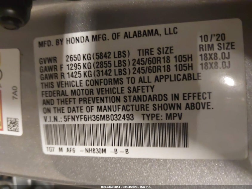 2021 Honda Pilot Awd Ex VIN: 5FNYF6H36MB032493 Lot: 44506814