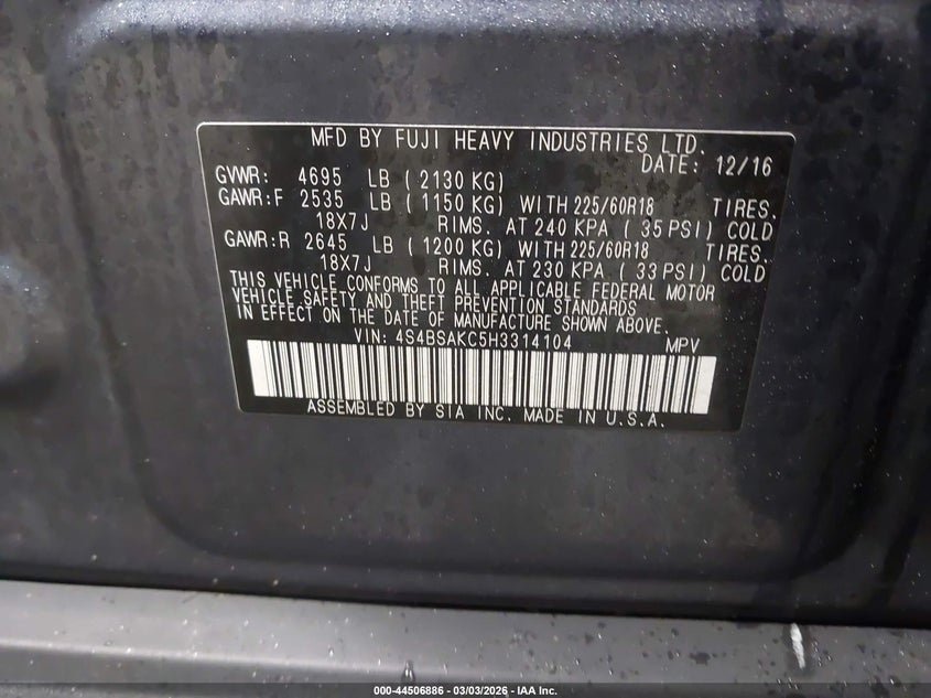 2017 Subaru Outback 2.5I Limited VIN: 4S4BSAKC5H3314104 Lot: 44506886