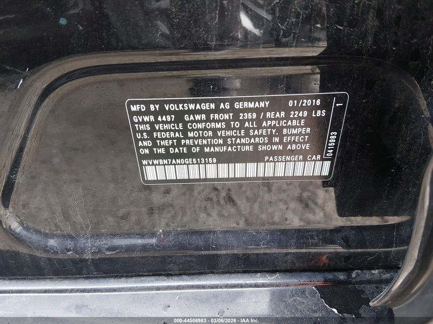 2016 Volkswagen Cc 2.0T R-Line VIN: WVWBN7AN0GE513159 Lot: 44506983