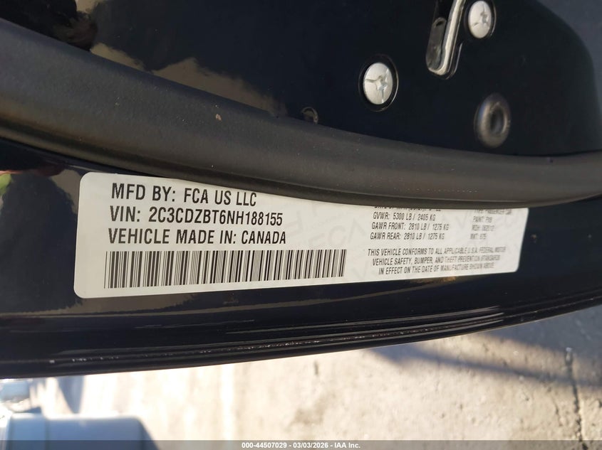 2022 Dodge Challenger R/T VIN: 2C3CDZBT6NH188155 Lot: 44507029