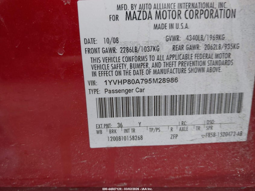 2009 Mazda Mazda6 I Sv VIN: 1YVHP80A795M28986 Lot: 44507128