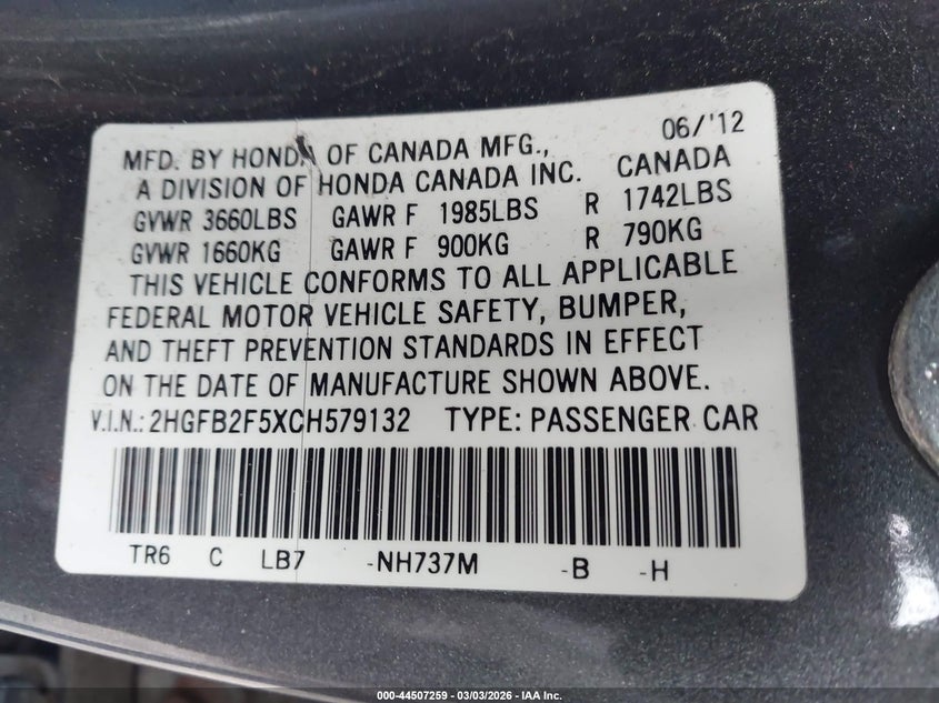 2012 Honda Civic Lx VIN: 2HGFB2F5XCH579132 Lot: 44507259