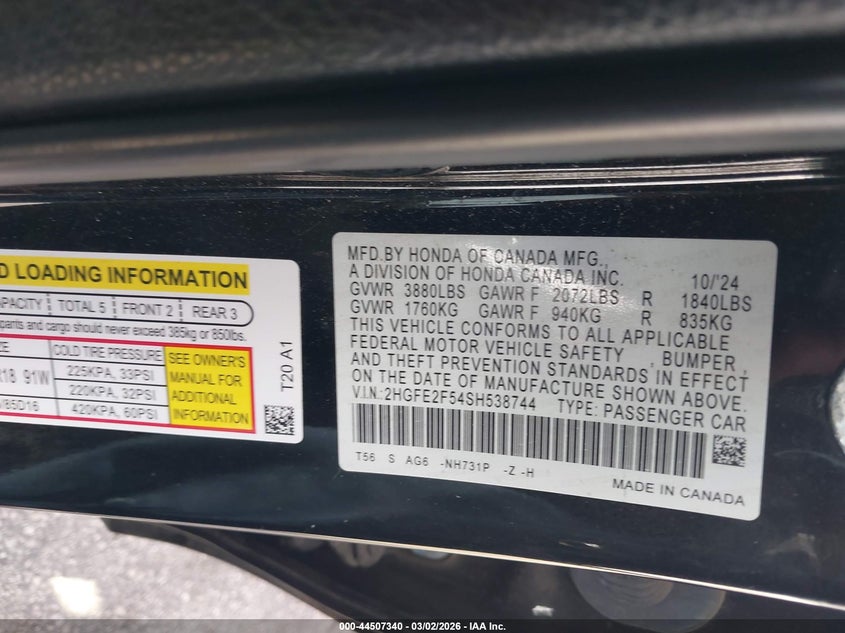 VIN 2HGFE2F54SH538744 2025 HONDA CIVIC SPORT