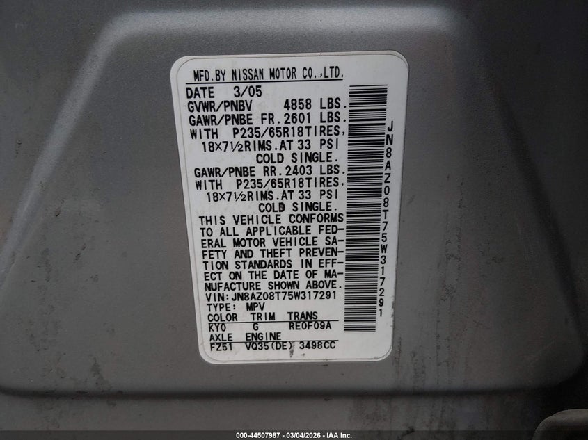 2005 Nissan Murano Sl VIN: JN8AZ08T75W317291 Lot: 44507987