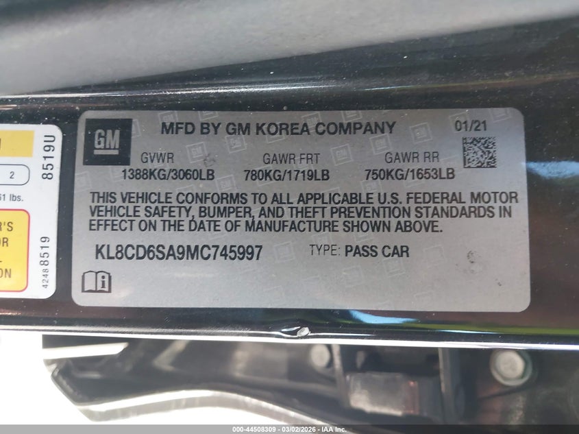 2021 Chevrolet Spark Fwd 1Lt Automatic VIN: KL8CD6SA9MC745997 Lot: 44508309