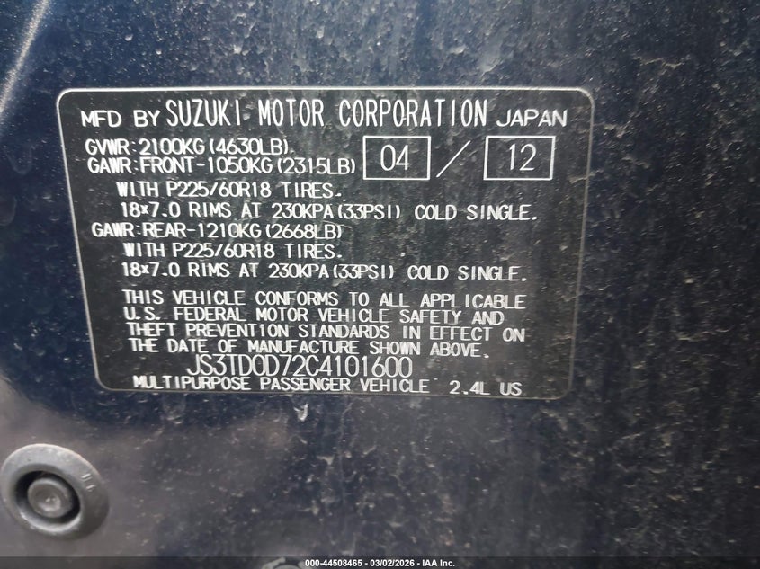 2012 Suzuki Grand Vitara Limited VIN: JS3TD0D72C4101600 Lot: 44508465