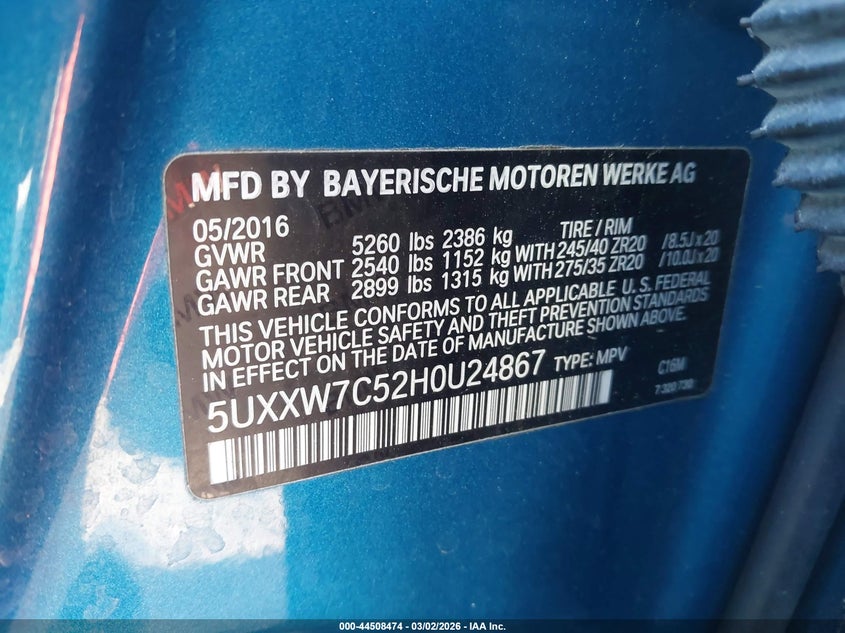 2017 BMW X4 M40I VIN: 5UXXW7C52H0U24867 Lot: 44508474