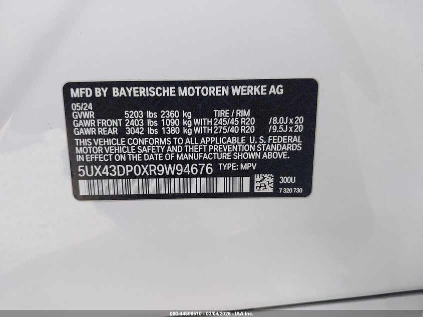 2024 BMW X3 Sdrive30I VIN: 5UX43DP0XR9W94676 Lot: 44508510