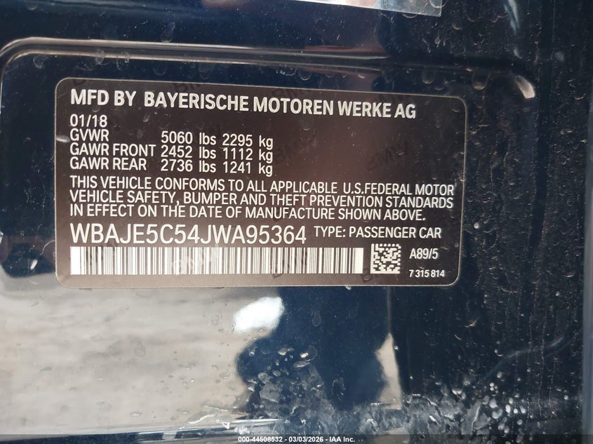 2018 BMW 540I VIN: WBAJE5C54JWA95364 Lot: 44508532