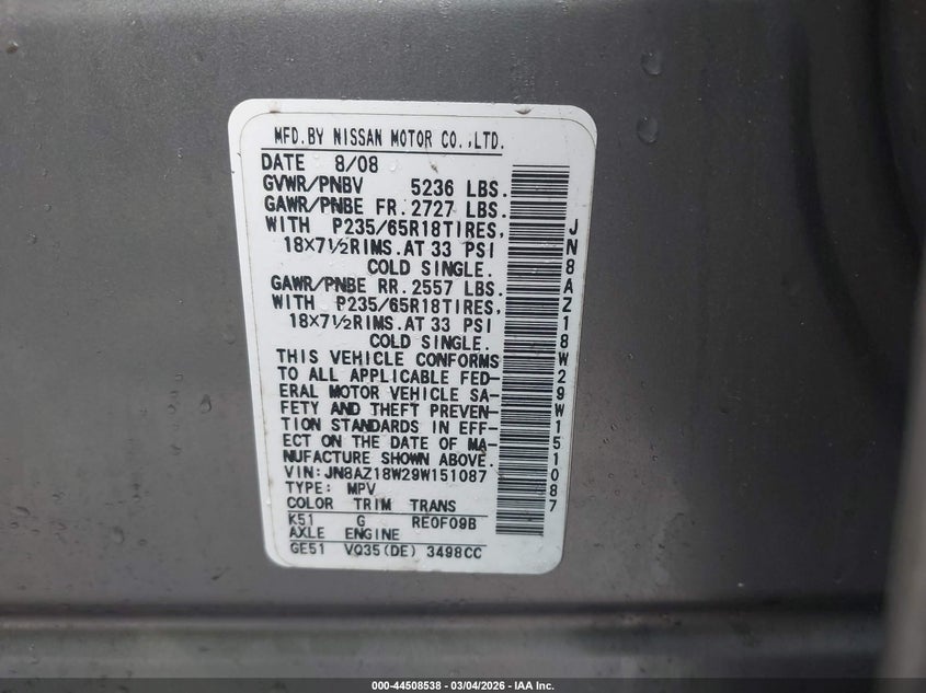 2009 Nissan Murano Sl VIN: JN8AZ18W29W151087 Lot: 44508538