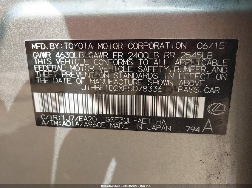 2015 Lexus Is 250 VIN: JTHBF1D2XF5078336 Lot: 44508568