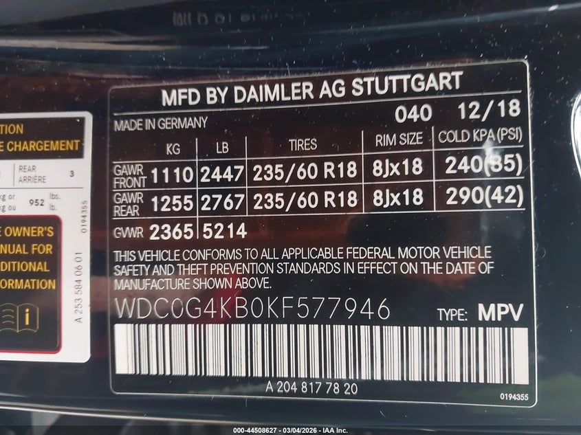 2019 Mercedes-Benz Glc 300 4Matic VIN: WDC0G4KB0KF577946 Lot: 44508627